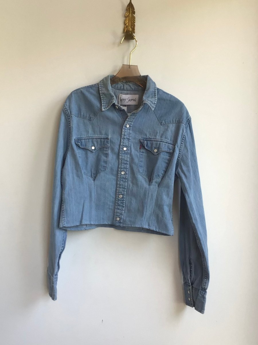 The Kevin Top | Blue Denim Snap Close Top w/ Gathered Waist (Reworked) - Made X Hudson