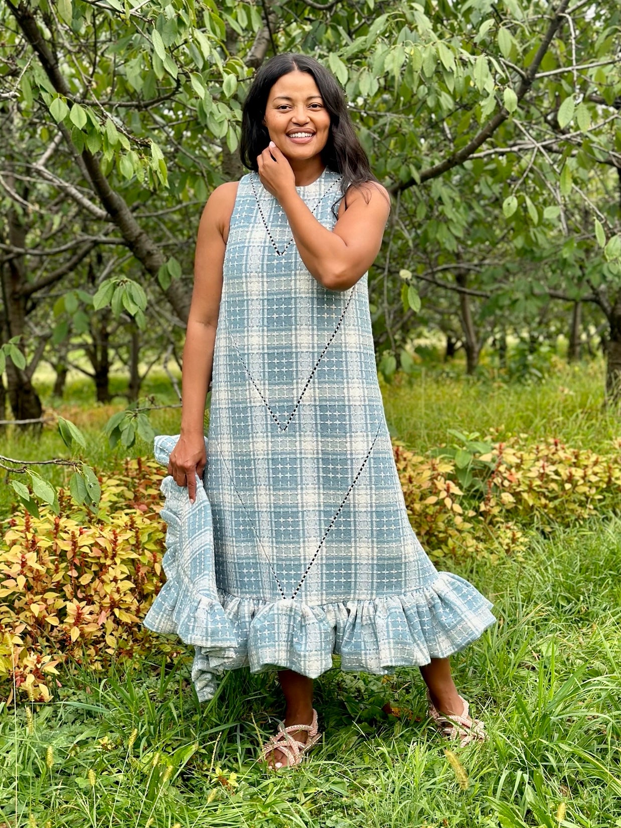 Pale Blue Wool Tweed Ruffle Chore Dress with Crystal Accent