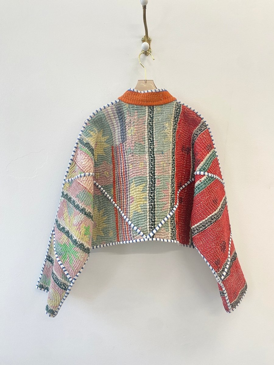 Reversible Kaira Quilted Cropped Jacket in Colors Blue, Yellow, Red, Flowers & Pastel Pink, Blue, Red - Made X Hudson