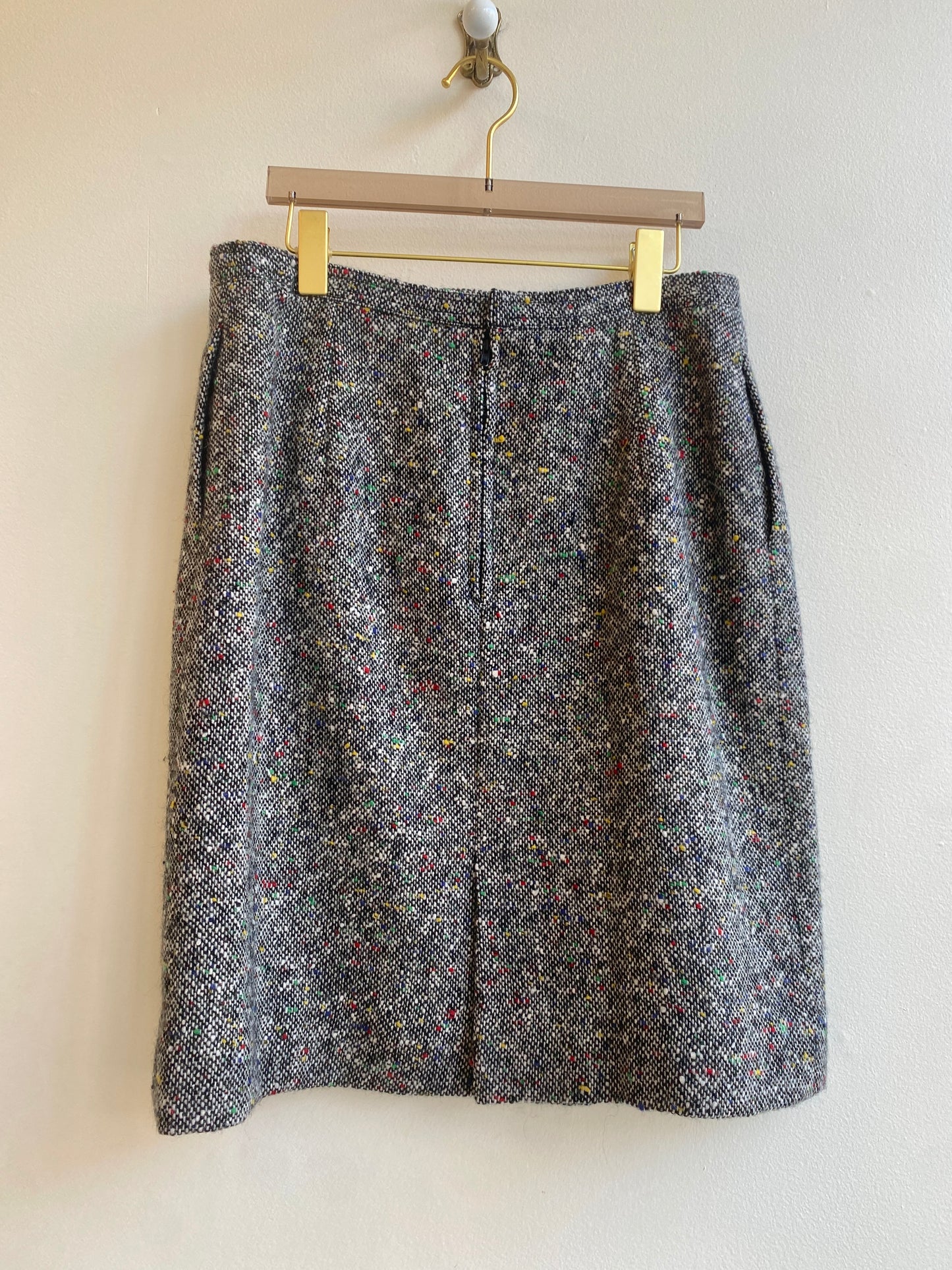 Celine | Black & White w/ Rainbow Speckles Wool Knee-Length Skirt (Vintage)