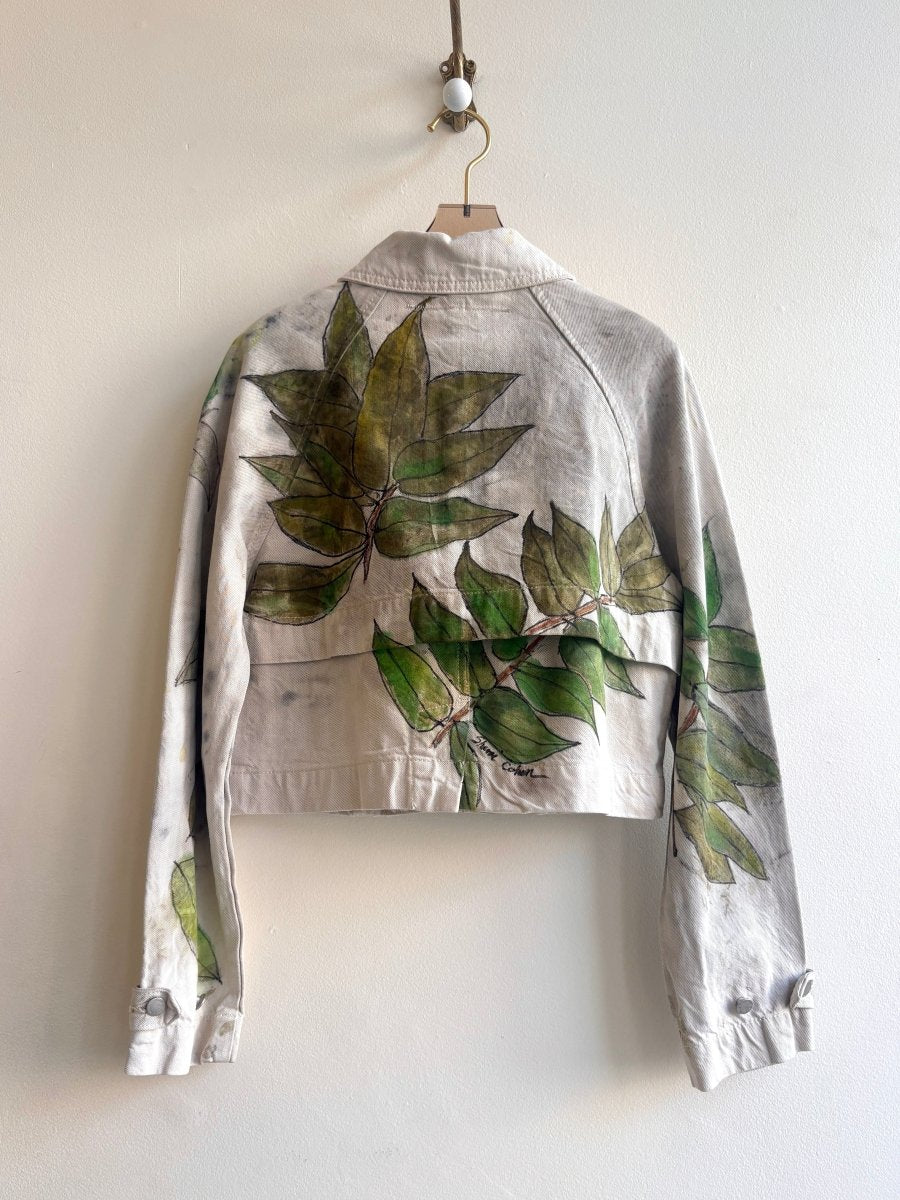Hand Painted Grey Double Breasted Cropped Denim Jacket (Reworked) - Made X Hudson