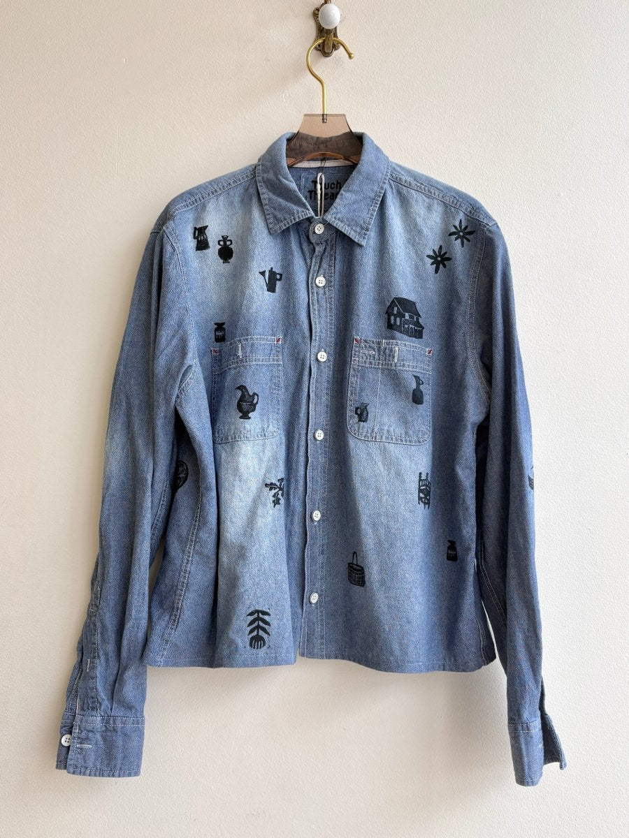 Tiny Print Cropped Button Up Light Blue Denim in Black | Block Printed (Reworked) - Made X Hudson