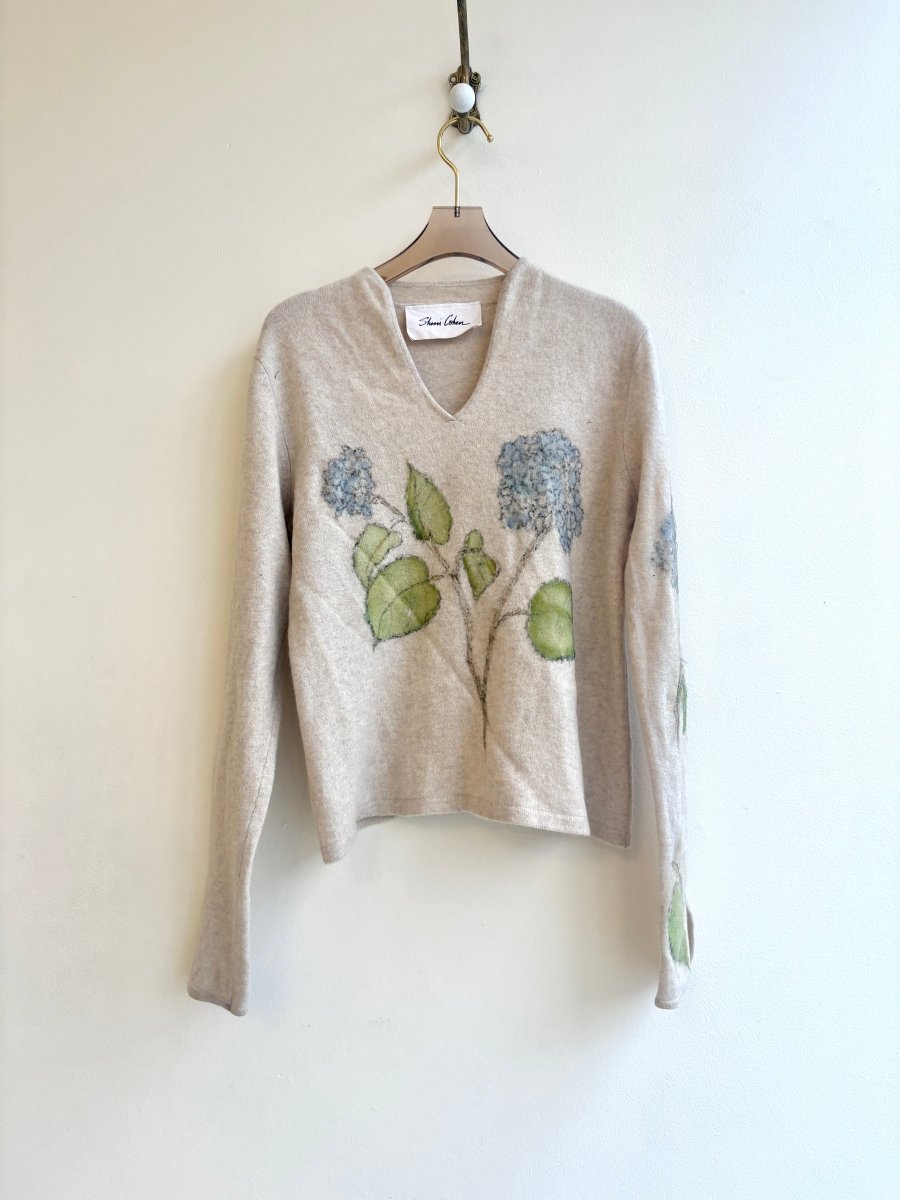 Blue Hydrangea Bloom Cream Cashmere Sweater (Reworked) - Made X Hudson