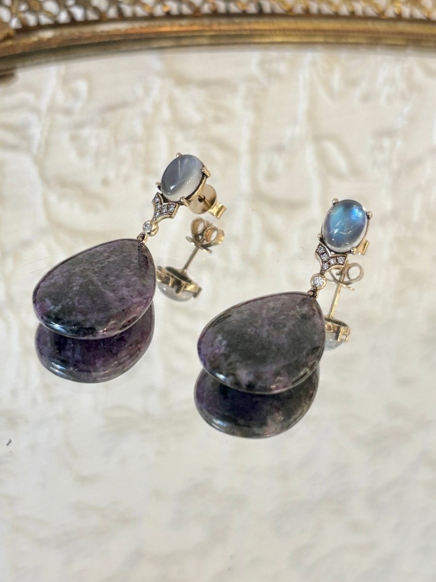 14K Gold Rainbow Moonstone & Charoite Drop Earrings with 16K Diamonds - Made X Hudson