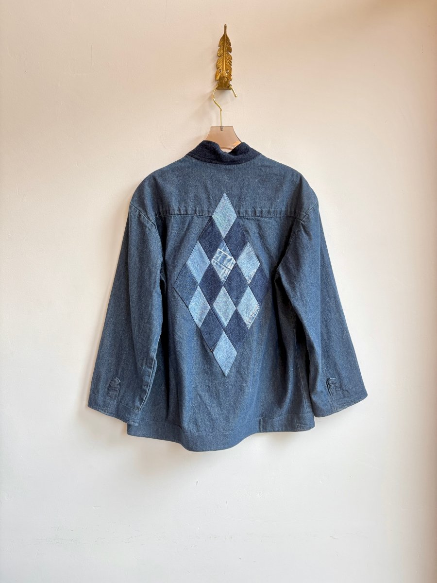 2 - Pocket Denim Wrap Jacket with Diamond Patchwork (Reworked) - Made X Hudson