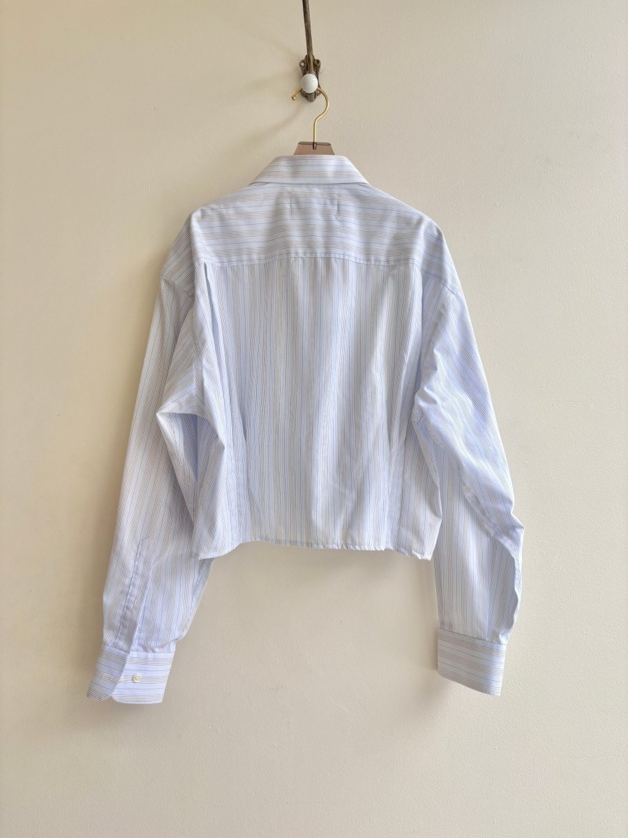 The Kevin Top | Pale Blue & Brown Mini - Stripe Button Down Top w/ Gathered Waist (Reworked) - Made X Hudson