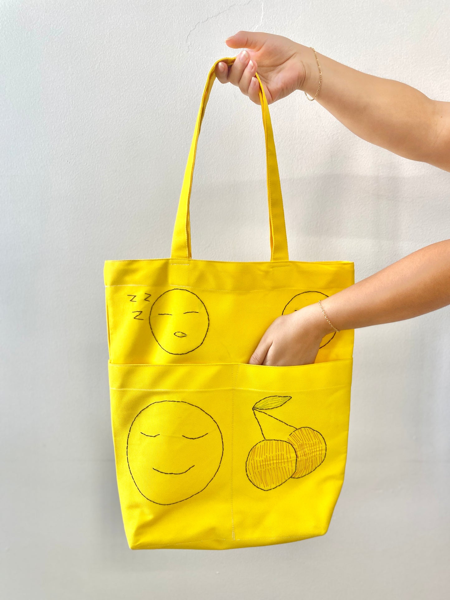 Yellow Hand Embroidered Canvas Emoji Tote