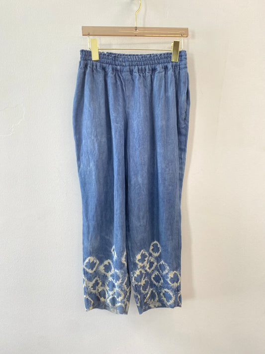 Organic Indigo Marble Dyed Linen Blue & White Pants w/ Elastic Waistband