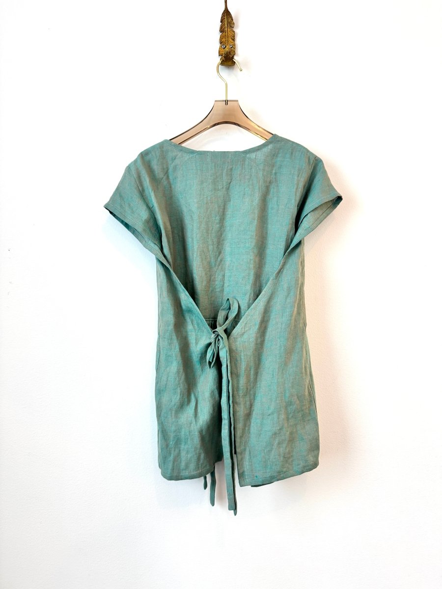 Two Tone Teal and Grey Linen Wrap Top - Made X Hudson