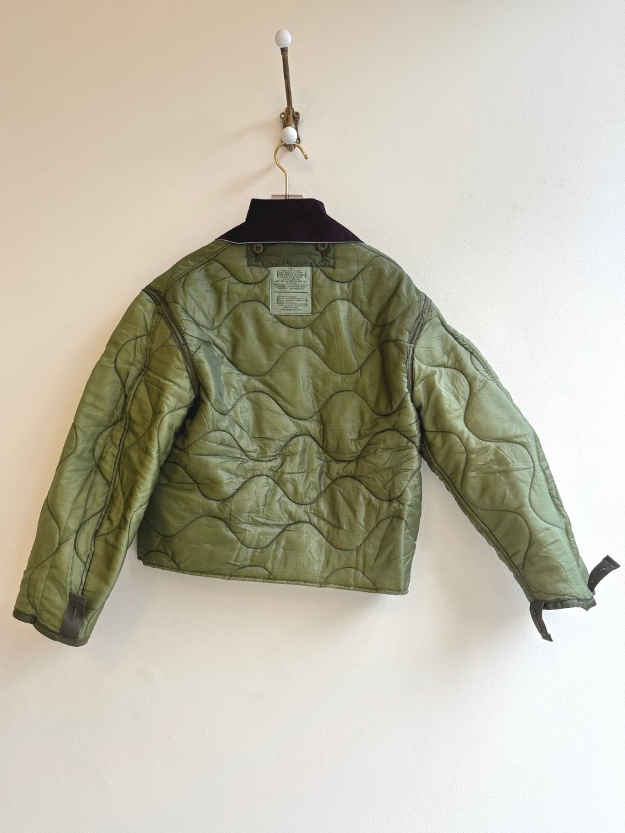Olive Army Liner Quilted Coat w/ Peat Brown Dagger Collar & Faux Leather Buttons (Reworked) - Made X Hudson