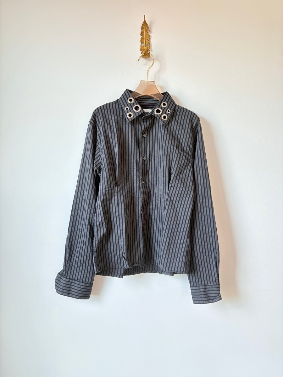 The Mike Top | Black & Grey Striped Button Down Top w/ Gathered Waist & Grommet Collar (Reworked) - Made X Hudson