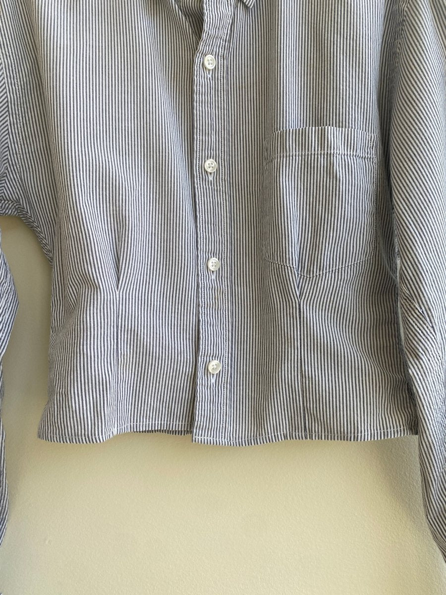 The Kevin Top | Grey/Blue Pinstripe Seersucker Button Down Top w/ Gathered Waist (Reworked) - Made X Hudson