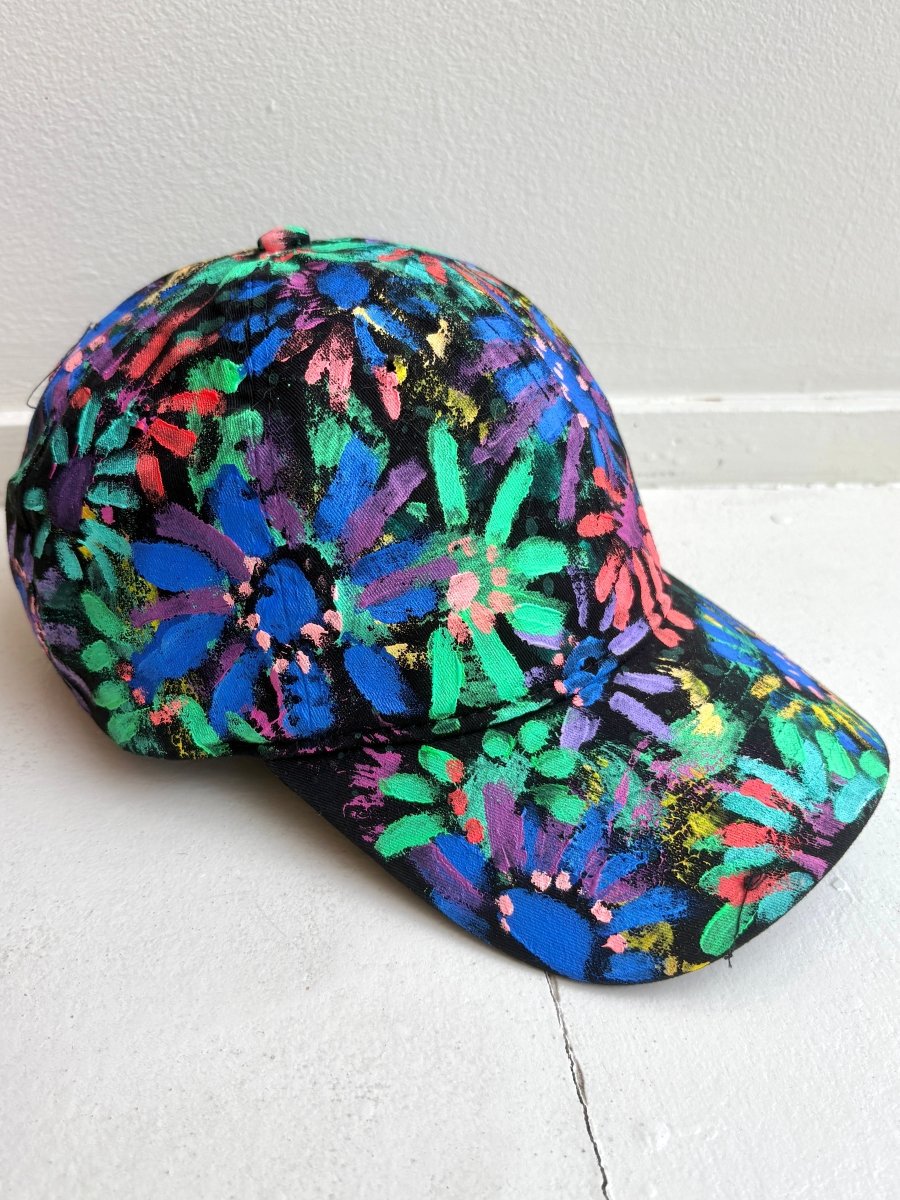 "Skye" Black Baseball Cap w/ Blue Neon Flowers | Hand Painted - Made X Hudson
