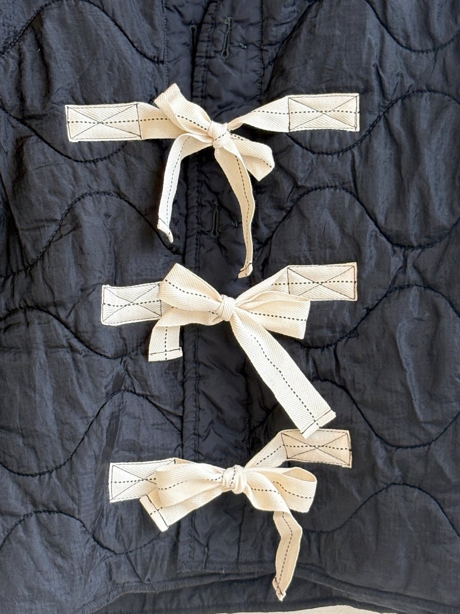 Black Army Liner Large Pattern Quilted Coat w/ Twill Tape Ties (Reworked) - Made X Hudson