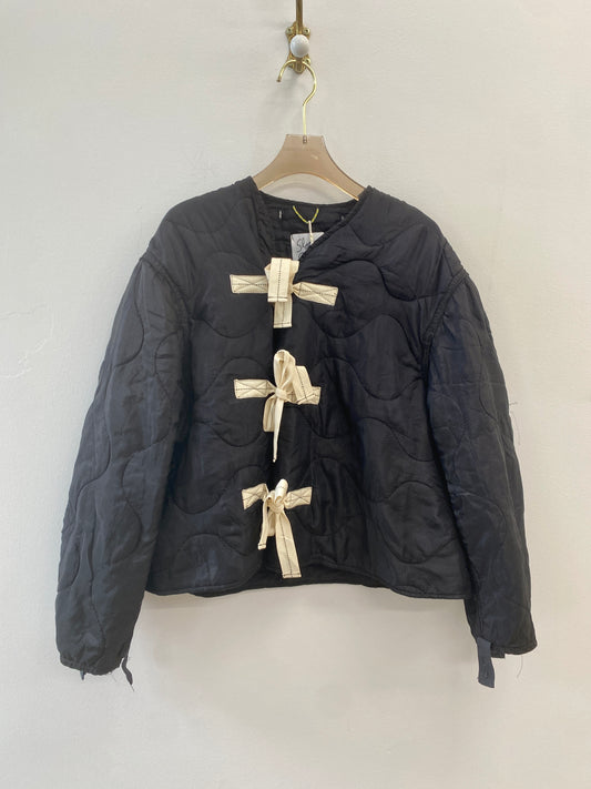 Black Army Liner Quilted Coat w/ White Twill Tape Ties (Reworked)