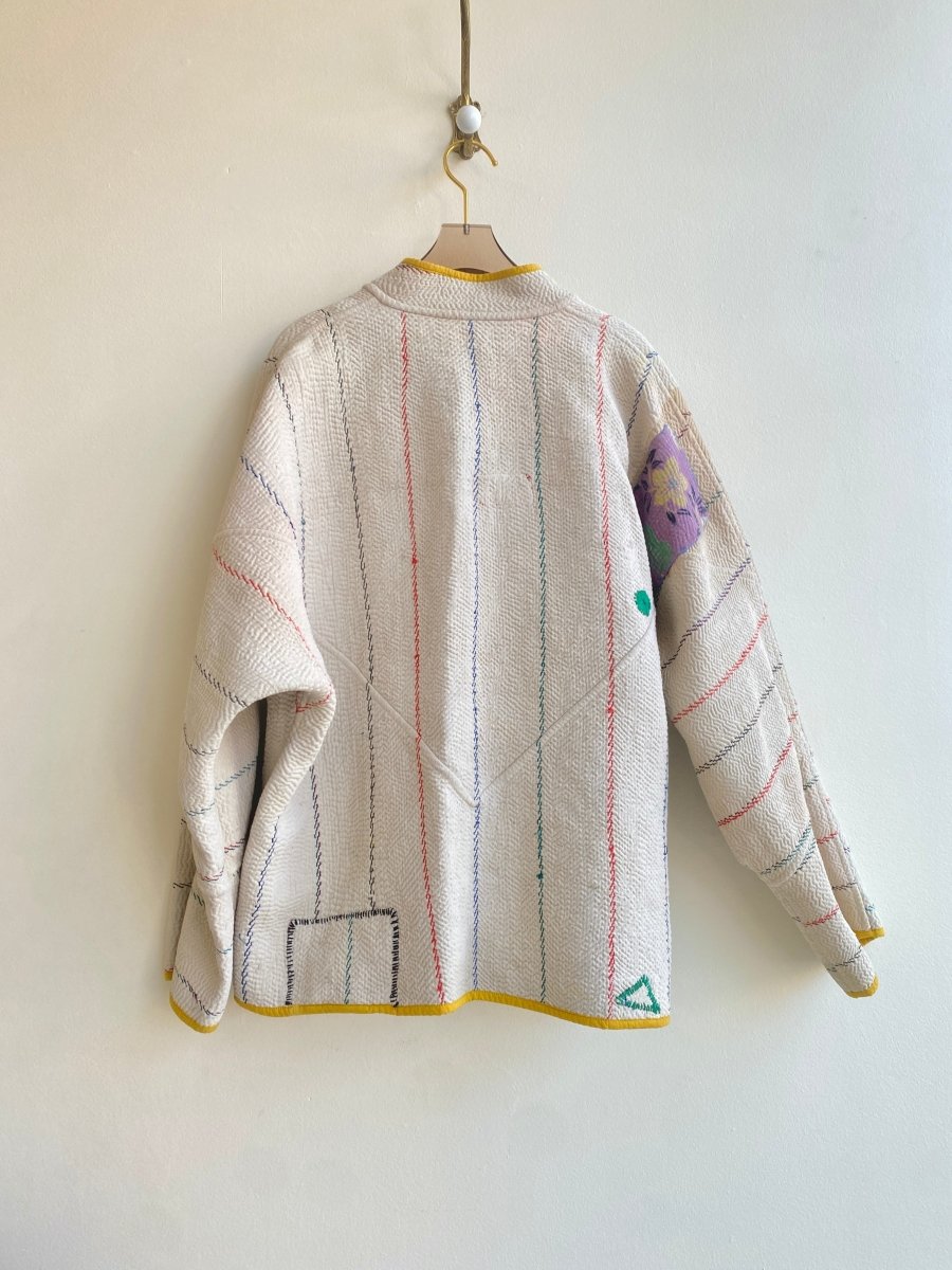 Reversible Ladhiya Quilted Jacket in Colors Cream w/ Stripes & Mustard Piping - Made X Hudson