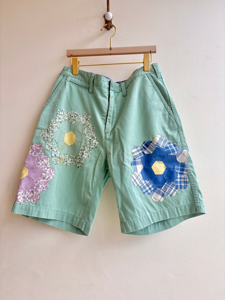 Grandmother's Garden Quilt Block Applique Shorts | Lavender Floral and Blue Checker (Reworked) - Made X Hudson