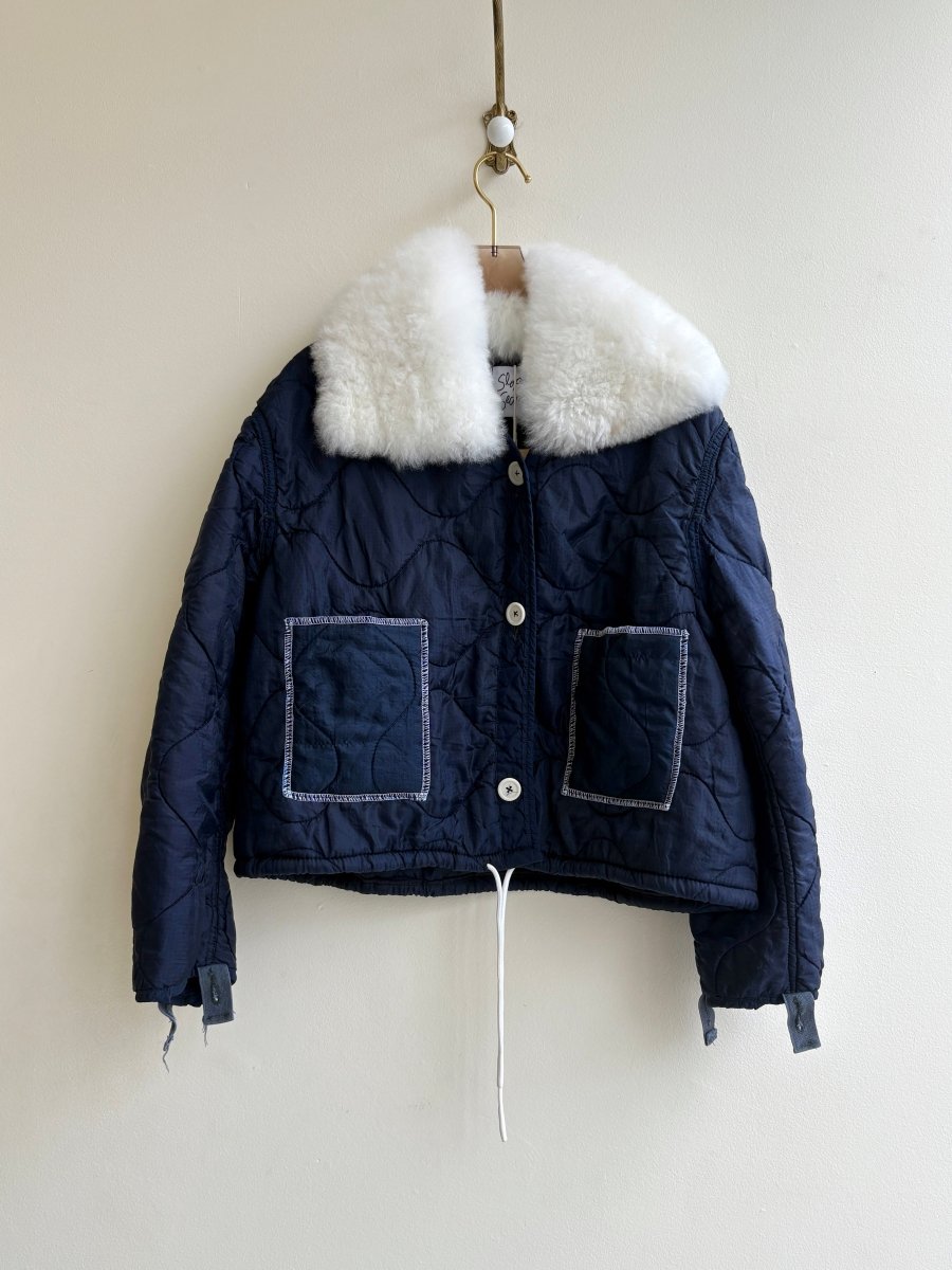 Navy Army Liner Quilted Coat w/ Cream Alpaca Fur Collar & White Button Close & White tassels - Made X Hudson