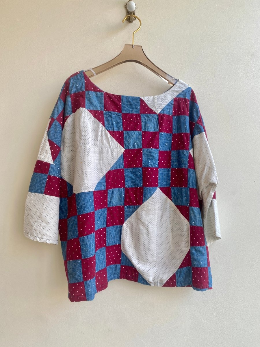 Blue Indigo & Burgundy Dotted Quilt Box Top w/ 3/4 Sleeves - Made X Hudson