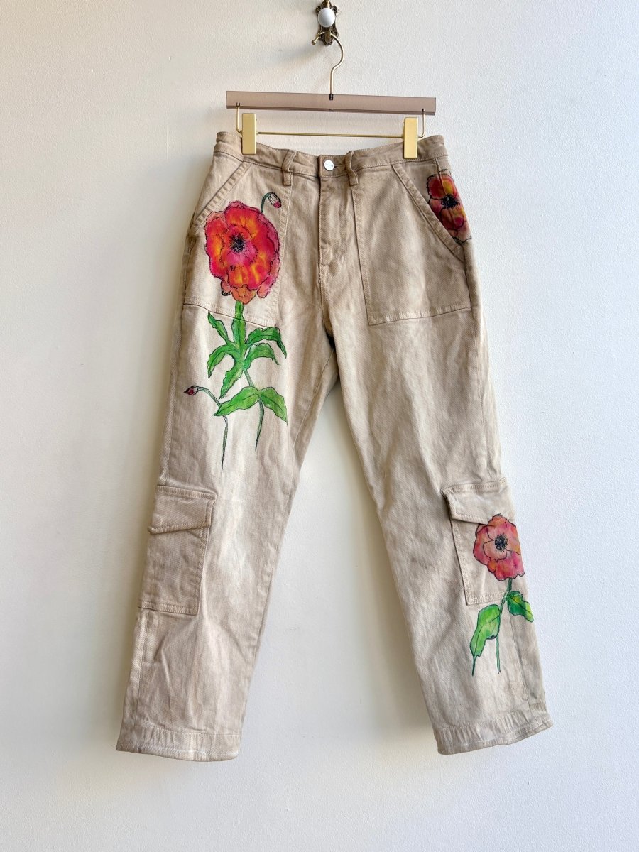 Red Poppy Cargo Pants with Eco Dye in Walnut | Hand Painted (Reworked) - Made X Hudson