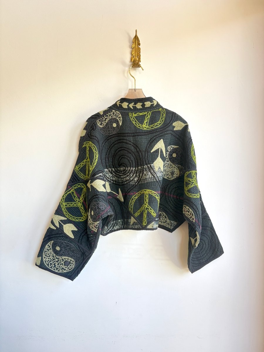 Reversible Suzani Quilted Cropped Jacket in Colors Black, Green, Sage, Grey & Black, Green, Sage, Grey - Made X Hudson