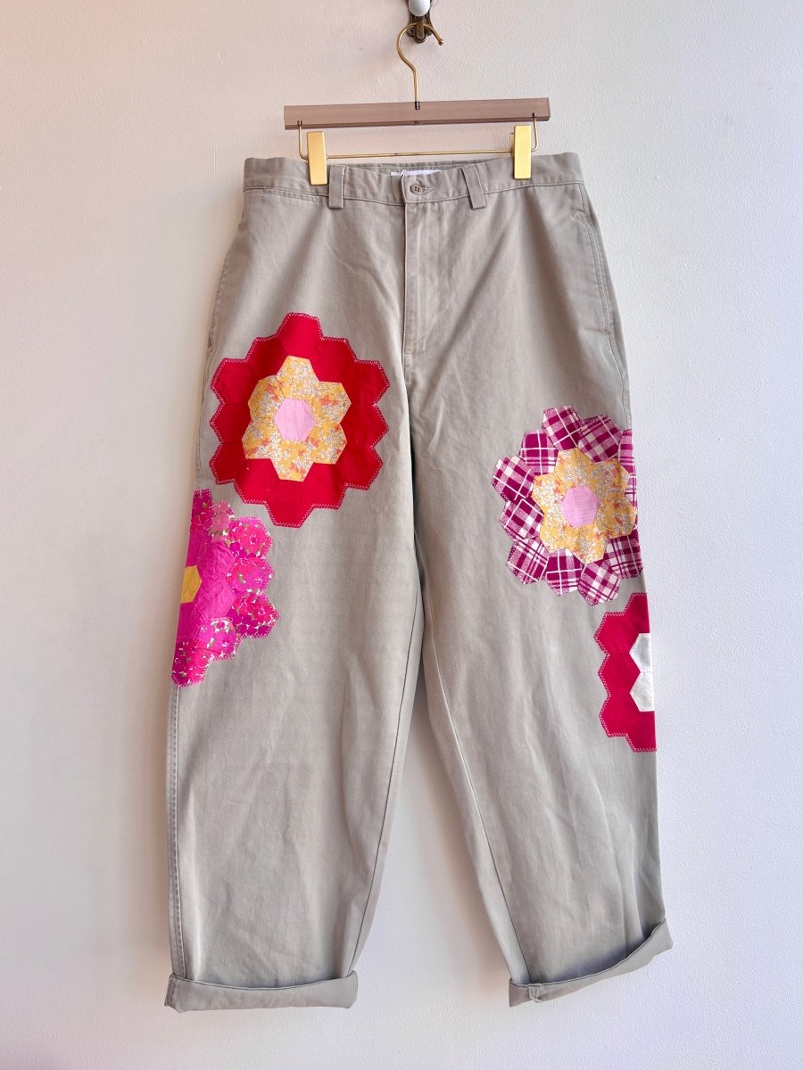 Grandmother's Garden Quilt Block Applique Chinos | Cherry, Blush, Saffron (Reworked) - Made X Hudson