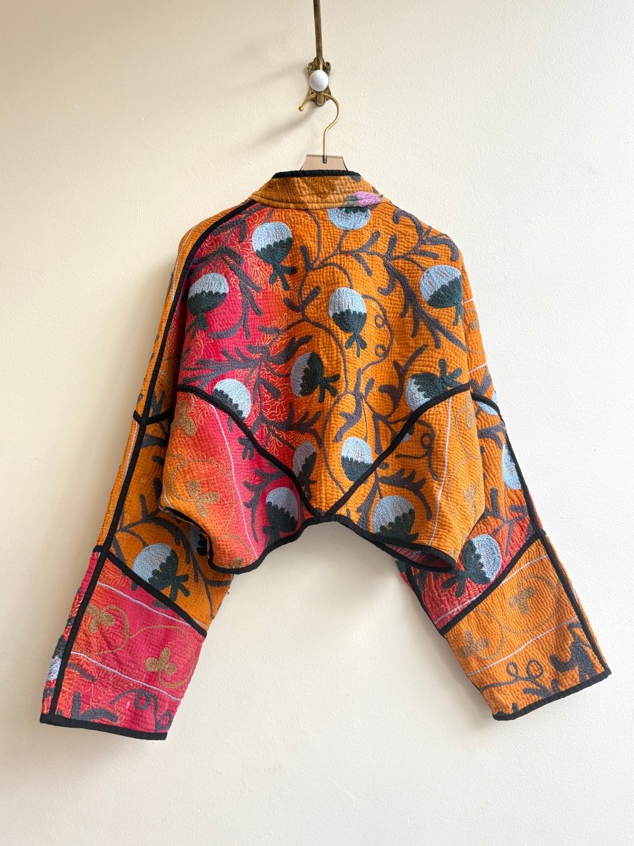 Reversible Suzani Quilted Cropped Jacket in Colors Orange, Red, Grey & Cherry Red, Aqua Blue - Made X Hudson