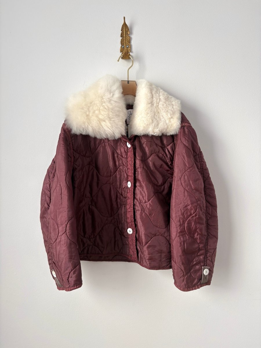 Burgundy Army Liner Quilted Coat w/ White Alpaca Fur Collar & White Buttons (Reworked) - Made X Hudson