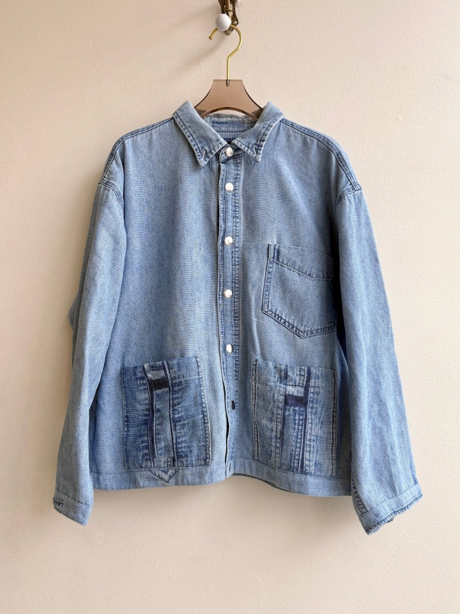 Steel Blue Denim Shirtjacket w/ Tonal Grid and Trio of Patch Pockets (Reworked) - Made X Hudson