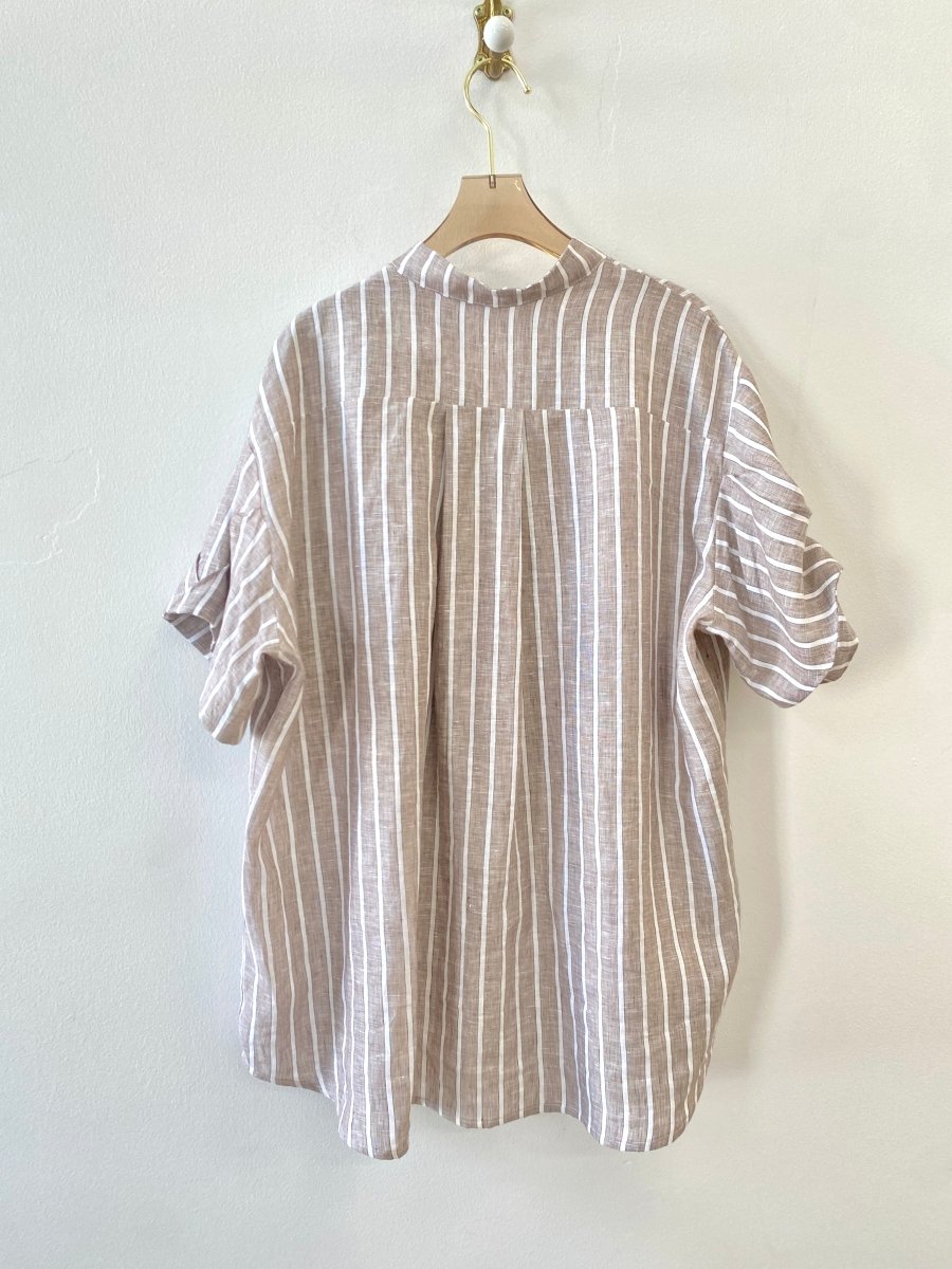 Brown & White Striped Linen Pocket Front Shirt w/ Draped Sleeves - Made X Hudson