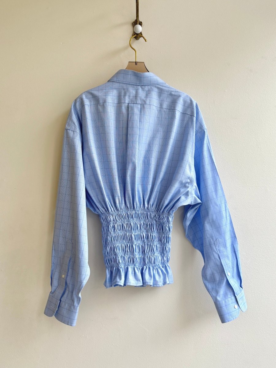The George Top | Blue and White Plaid Button Down Top w/ Smocked Waist (Reworked) - Made X Hudson