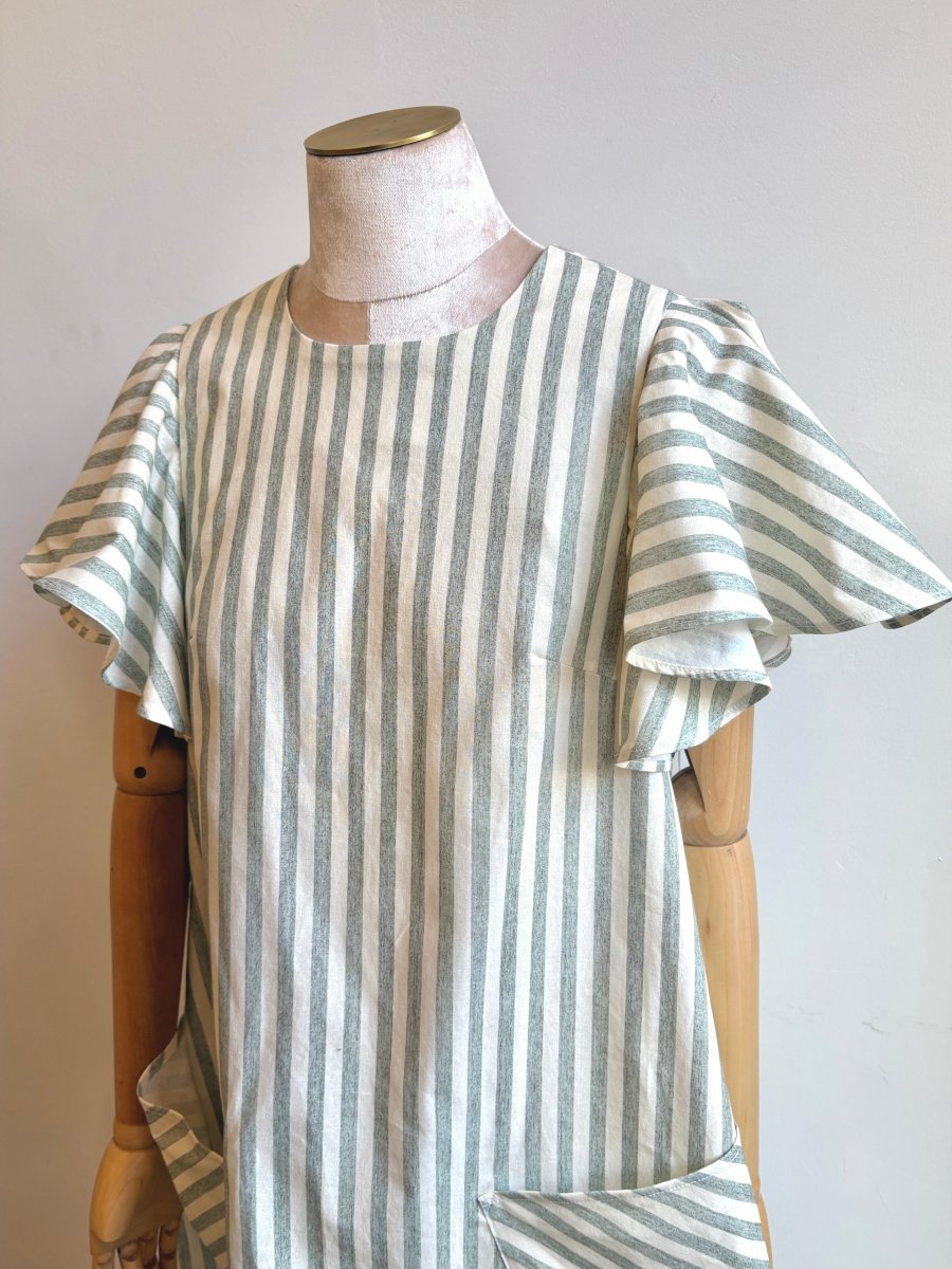 Sage & White Stripe Chore Dress w/ Flutter Sleeve and Patch Pockets - Made X Hudson