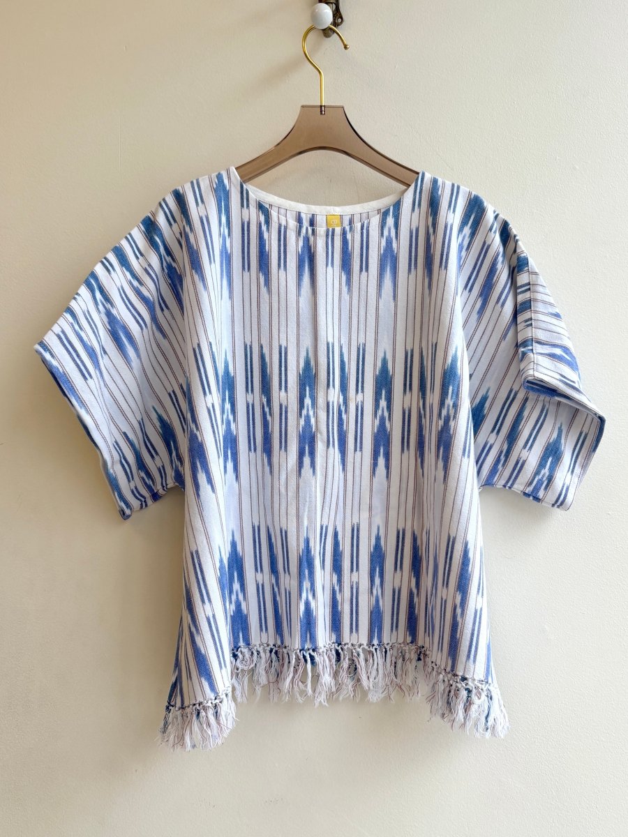Denim and Bronze Vertical Ikat with Fringe | Picnic Top - Made X Hudson