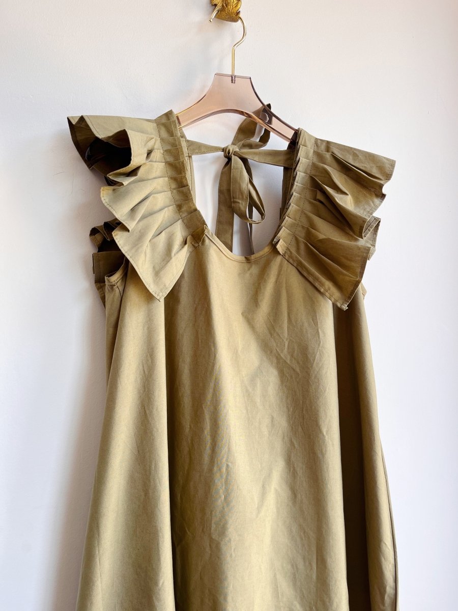 Olive Green Sleeveless Keyhole Back Ruffle Dress w/ Belt - Made X Hudson