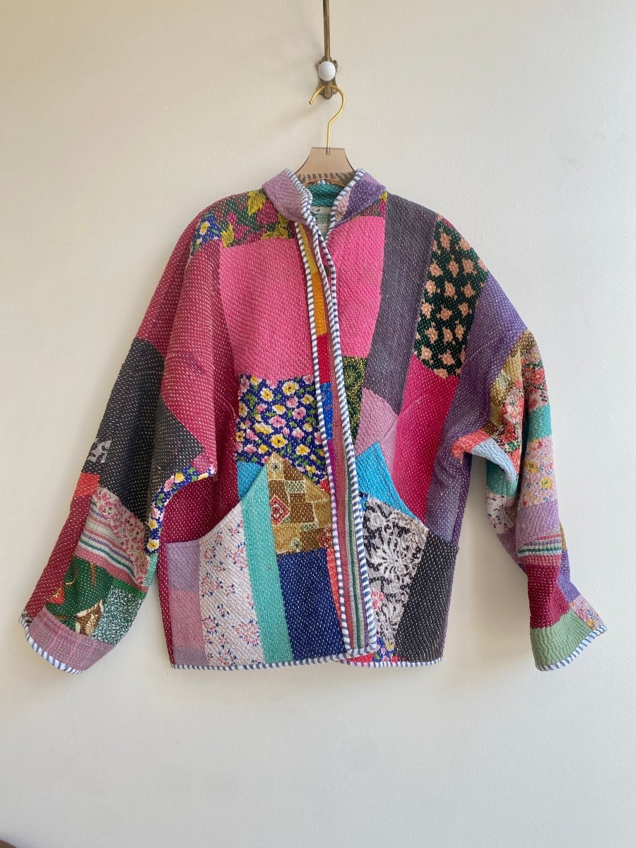 Reversible Ladhiya Quilted Jacket in Colors Mint, Pale Pink & Pink, Purple, Blue Patchwork - Made X Hudson