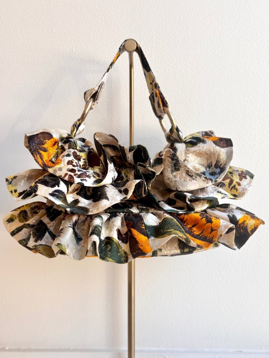 Liza Ruffle Bag in Cream Metallic Floral Print - Made X Hudson