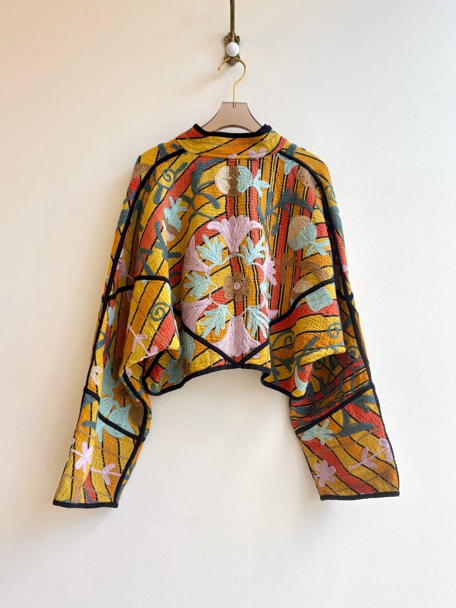 Reversible Suzani Quilted Cropped Jacket in Colors Yellow, Mustard, Orange, Teal & Ecru, Green, Mustard - Made X Hudson