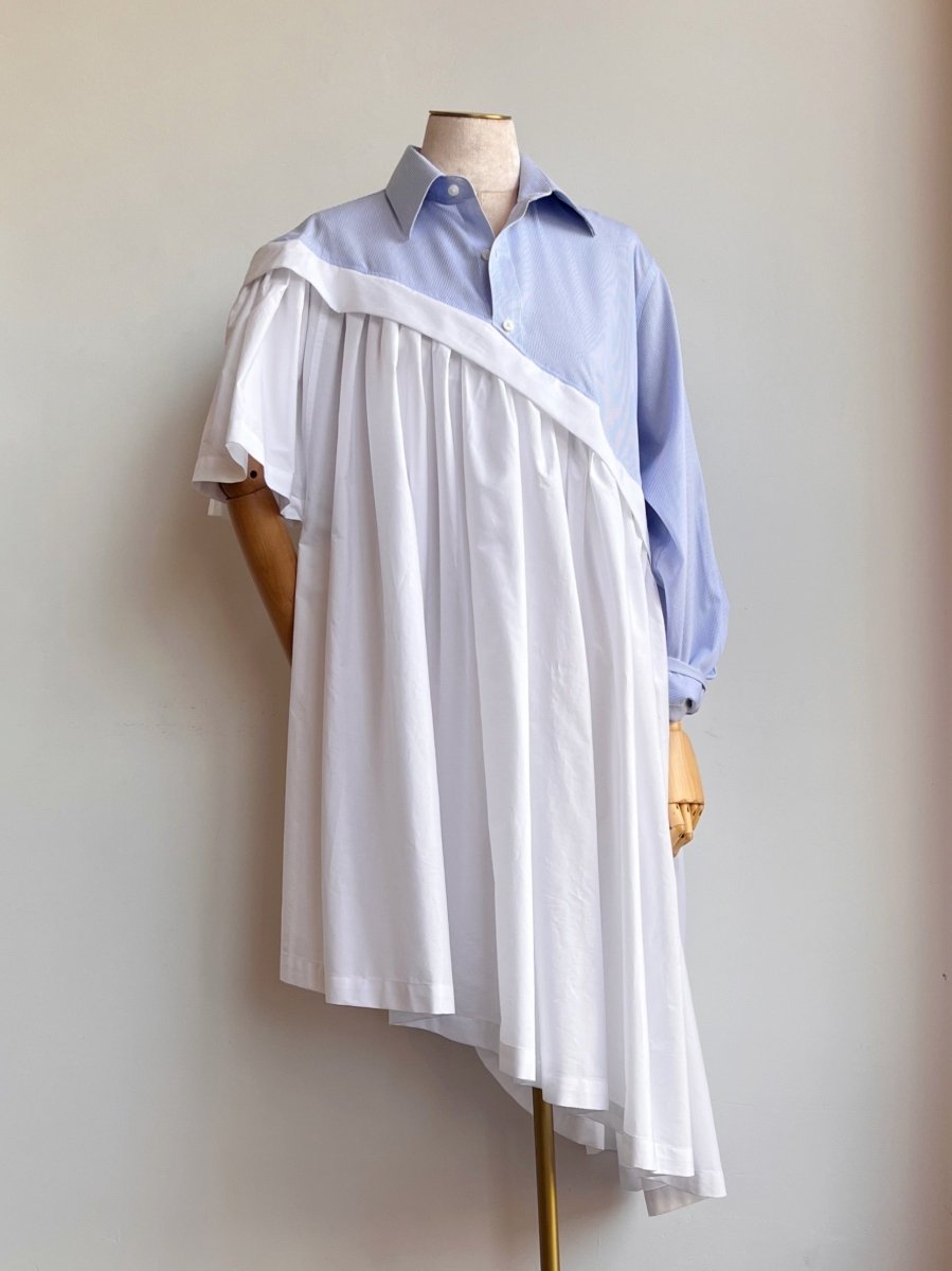 Asymmetric Shirtwaist Dress in Blue Mini - Stripe & White (Reworked) - Made X Hudson