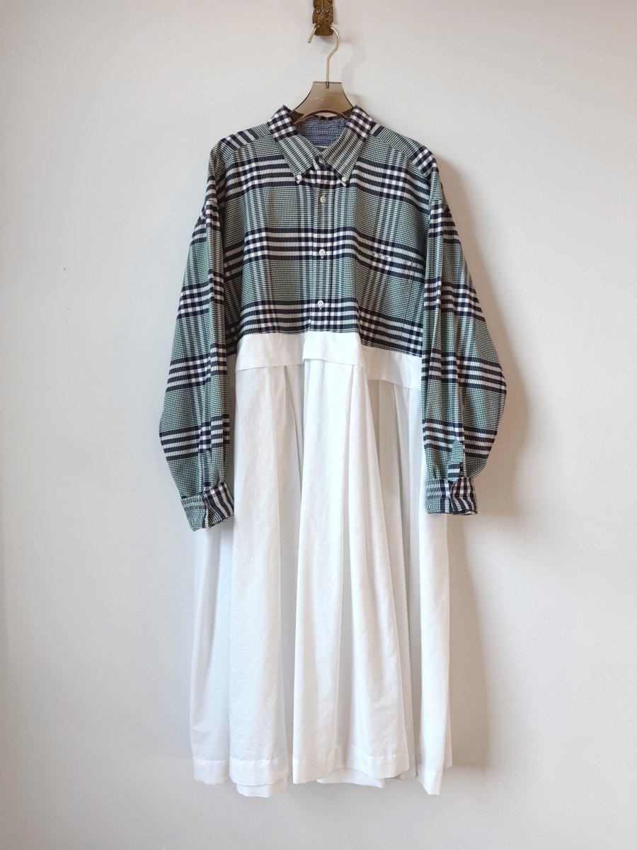 Empire Shirtwaist Dress in Forest Green & Navy Plaid & White (Reworked) - Made X Hudson