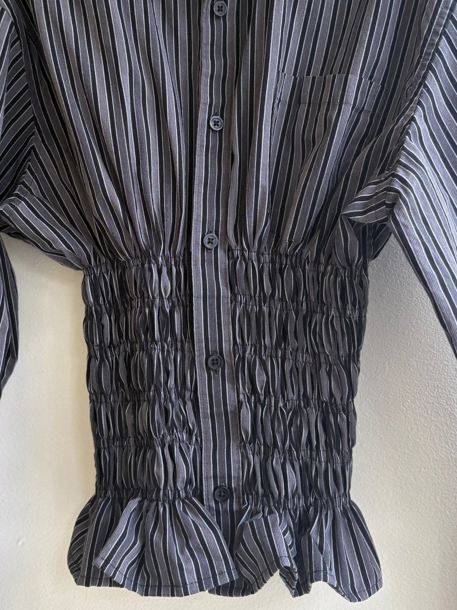 The George Top | Black and Grey Striped Button Down Top w/ Smocked Waist (Reworked) - Made X Hudson