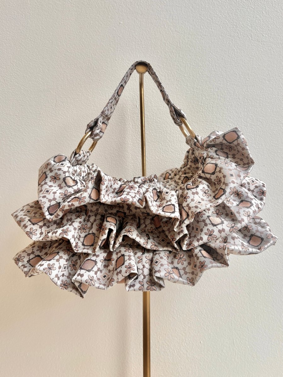 Liza Ruffle Bag in Taupe and Bronze Tile Jacquard - Made X Hudson