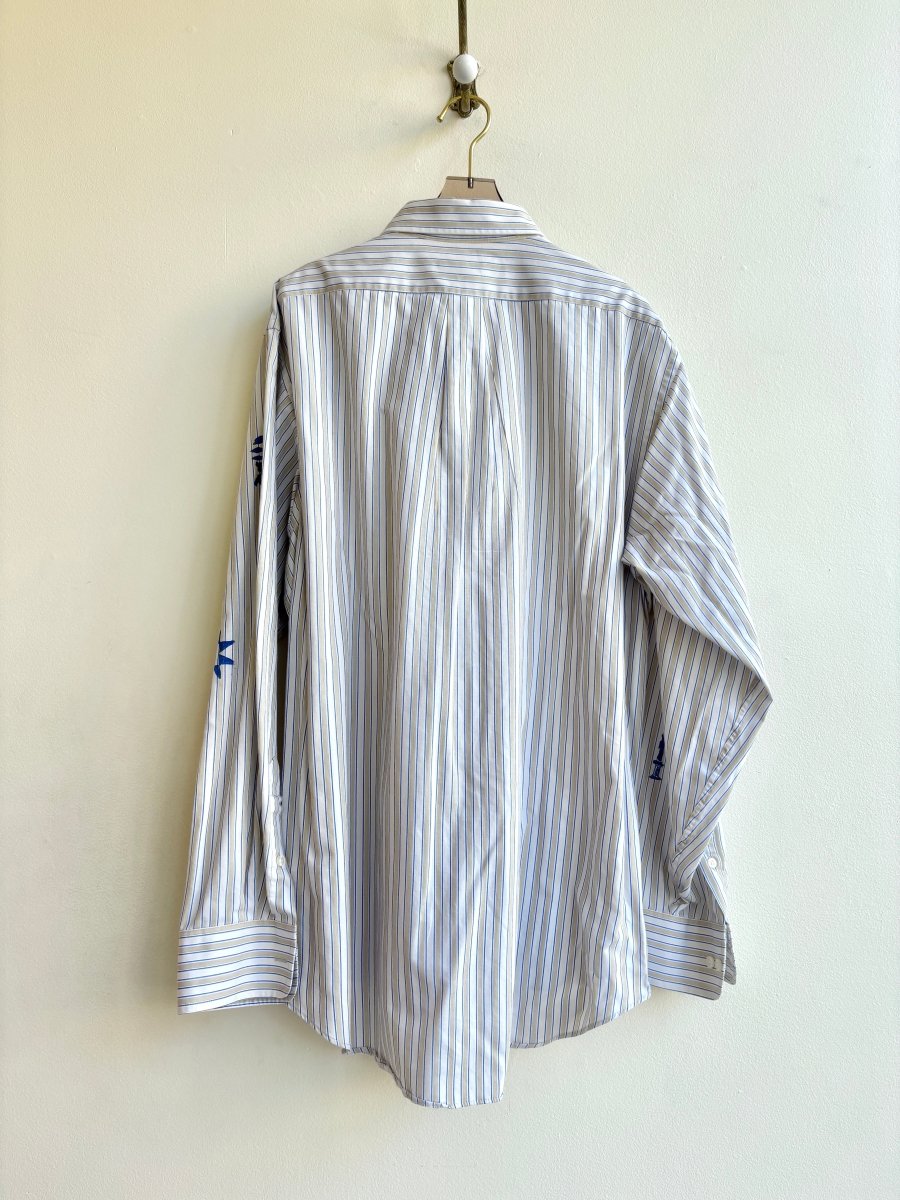 Cobalt Tiny Print Button Up in Tan and Blue Stripe | Block Printed (Reworked) - Made X Hudson