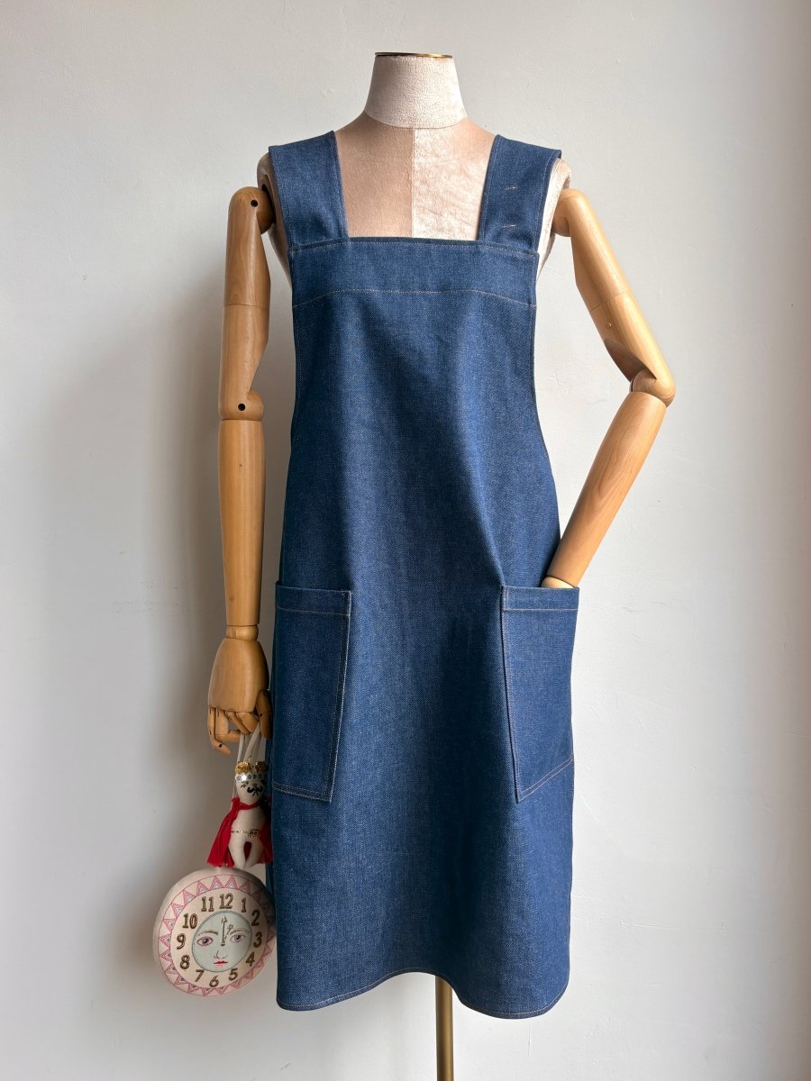 Classic Denim w/ Gold Stitching Pinafore Apron w/ Patch Pockets - Made X Hudson
