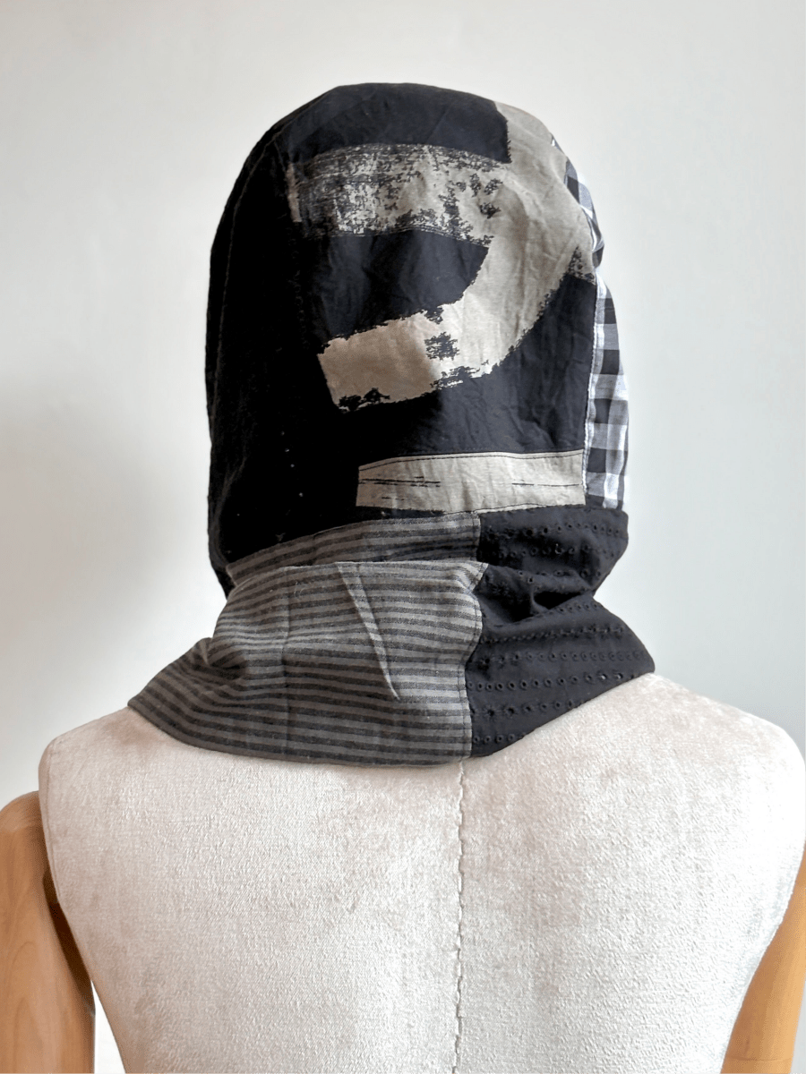 Hooded Patchwork Scarf in Black & Grey - Made X Hudson