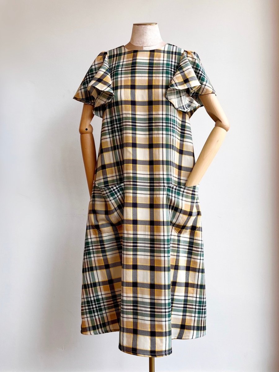 Green, Tan, Yellow, Cream, and Black Plaid Chore Dress with Flutter Sleeve - Made X Hudson