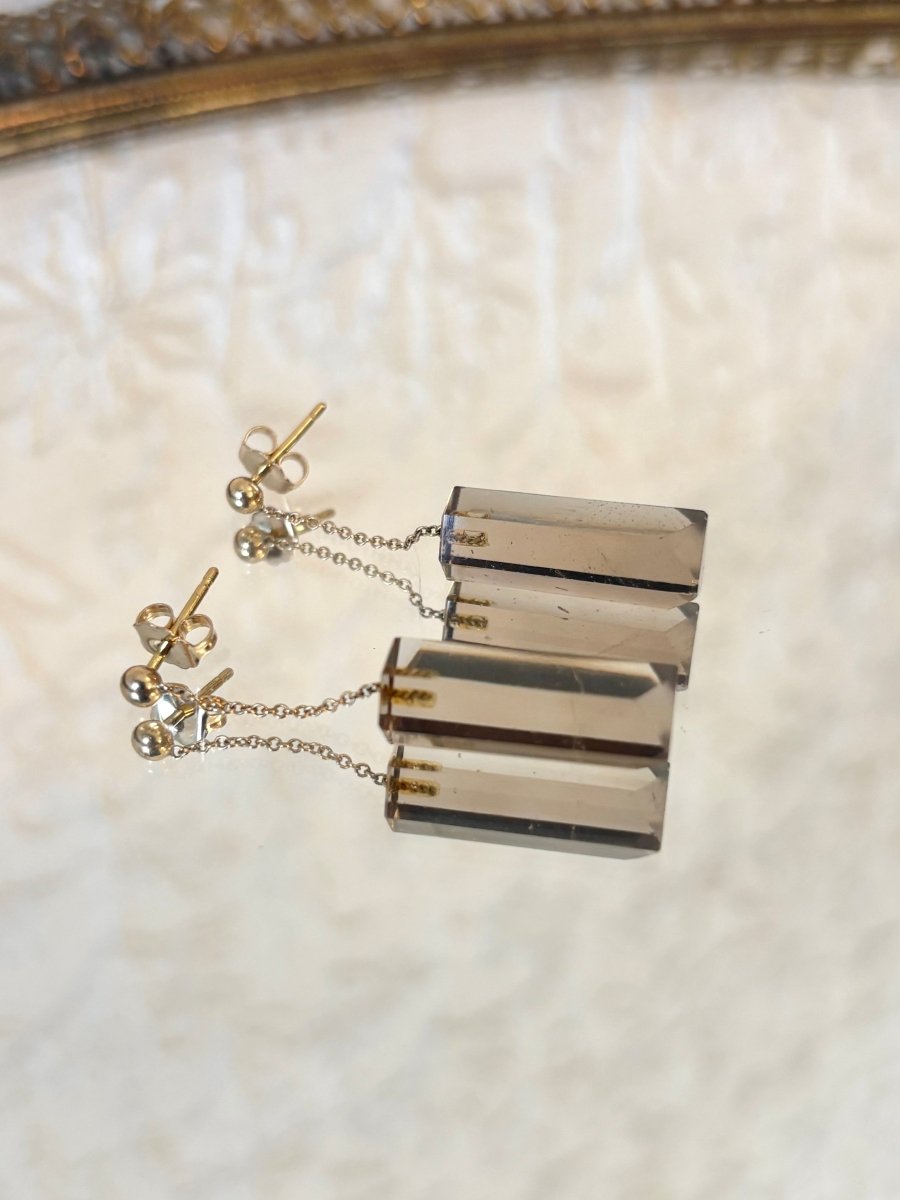 14K Gold & Smoky Topaz Stone Dangle Prism Drop Earrings - Made X Hudson