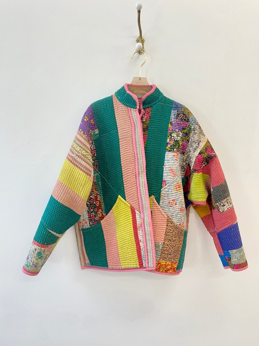 Reversible Ladhiya Quilted Jacket in Bubblegum Pink, Tan, Blue, Floral Patchwork & Printed Multi - Colored Patchwork, Pink, Green - Made X Hudson