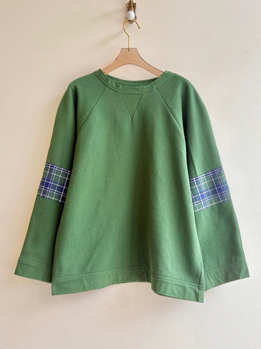 Green Cotton Ragland Crewneck | Color Blocked with Plaid Elbows - Made X Hudson