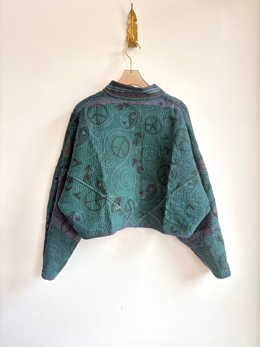 Reversible Suzani Quilted Cropped Jacket in Colors Slate Blue, Navy, Black & Forest, Grey, Black - Made X Hudson