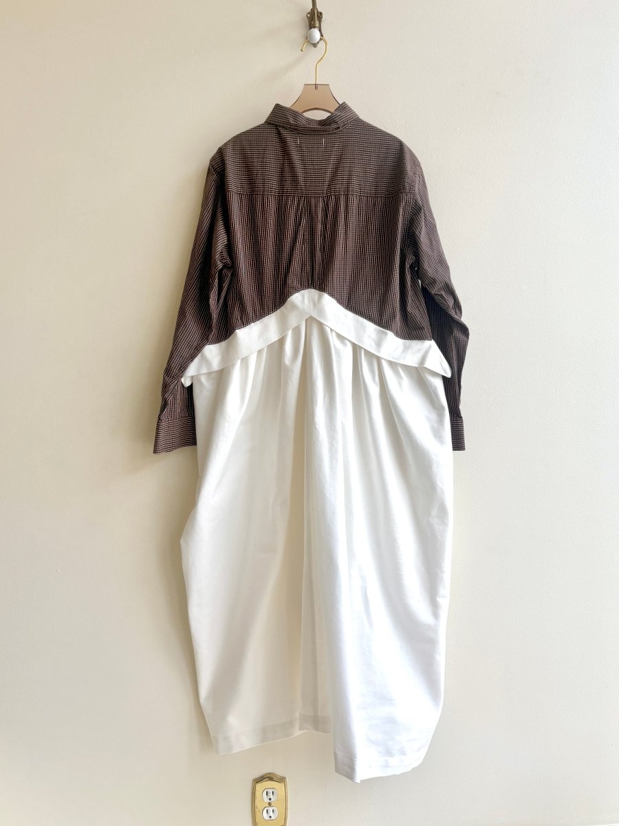 V - Line Shirtwaist Dress in Brown, Grey, White & Blue Mini - Plaid & White Cotton Canvas (Reworked) - Made X Hudson